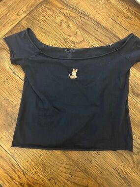 Brandy Melville Navy Off-Shoulder Crop Top with Embroidered Bunny